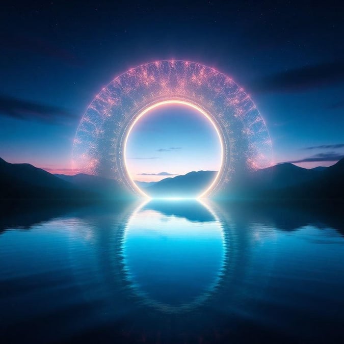 A breathtaking view of a night sky over a body of water, featuring a luminous ring at the horizon.