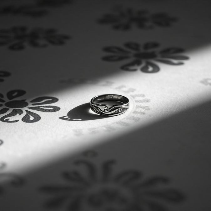 A gold ring with intricate design, set against the backdrop of sunlit shadows on a patterned tablecloth. Perfect for a romantic or wedding theme.