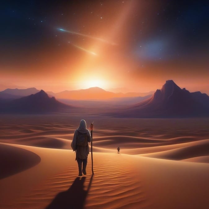 The lone adventurer, a figure of mystery and power, steps into the vast, barren wasteland that mirrors his own spirit. The cosmic backdrop weaves an epic tale of exploration and discovery. The horizon burns with the fiery embrace of daybreak, while celestial bodies dance in the darkened sky above.