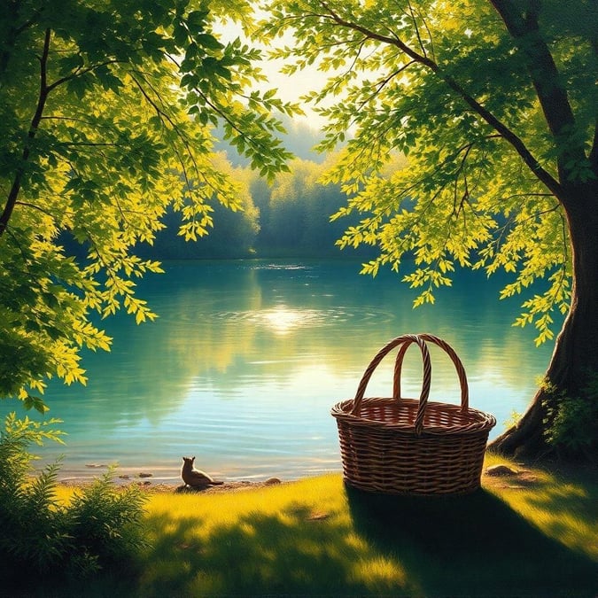 A serene and inviting scene of a picnic by the lake, perfect for a relaxing day outdoors.