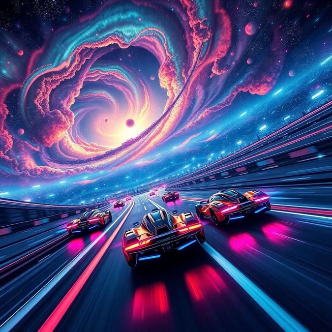 Get ready for the ultimate racing experience as you speed through the cosmos in this high-tech, neon-lit track.