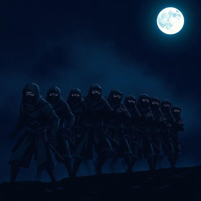 A group of stealthy ninja warriors sneak through the shadows under the light of a full moon.