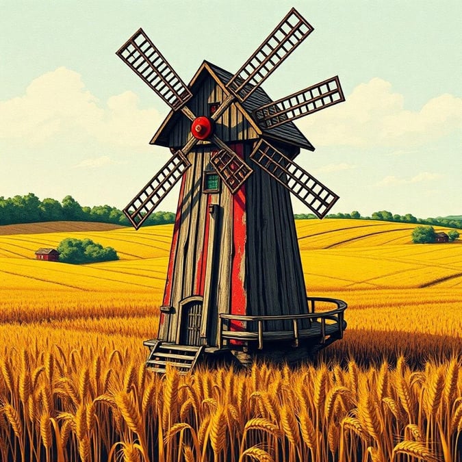 This image captures the charm of Oktoberfest, featuring a traditional Dutch windmill amidst golden wheat fields. The windmill, with its distinctive red and white blades, is a symbol of this lively celebration.