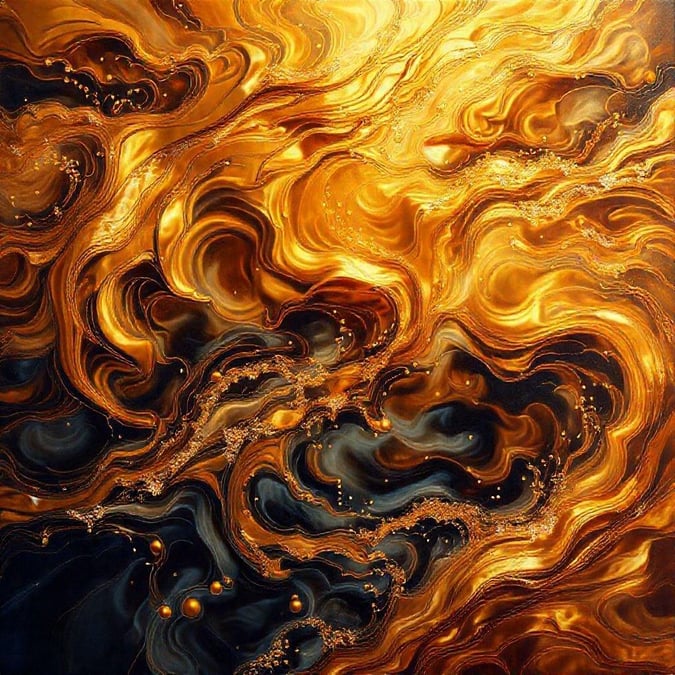 This abstract wallpaper features a mesmerizing blend of gold, black, and brown hues, creating a dynamic and energetic visual effect.