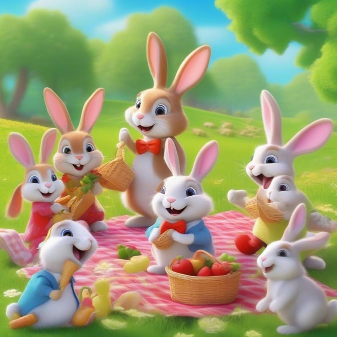 This delightful wallpaper features a family of bunnies enjoying a picnic in a lush green field, perfect for kids and cartoon lovers.