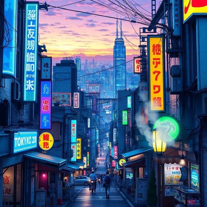 En livlig digital illustration av en livlig gata vid skymning i ett futuristiskt Tokyo. Scenen är satt mot bakgrund av stadens ljus och skyskrapor, med neonskyltar som kastar ett svalt sken över de trånga trottoarerna. De intrikata detaljerna från skyltar till arkitektur skapar en immersiv cyberpunk-atmosfär.