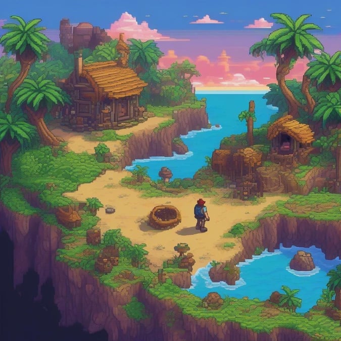 In this vibrant tropical island scene, you can imagine yourself embarking on an adventure. Navigate the winding paths between the dense foliage and quaint huts as you search for treasure or uncover ancient secrets.