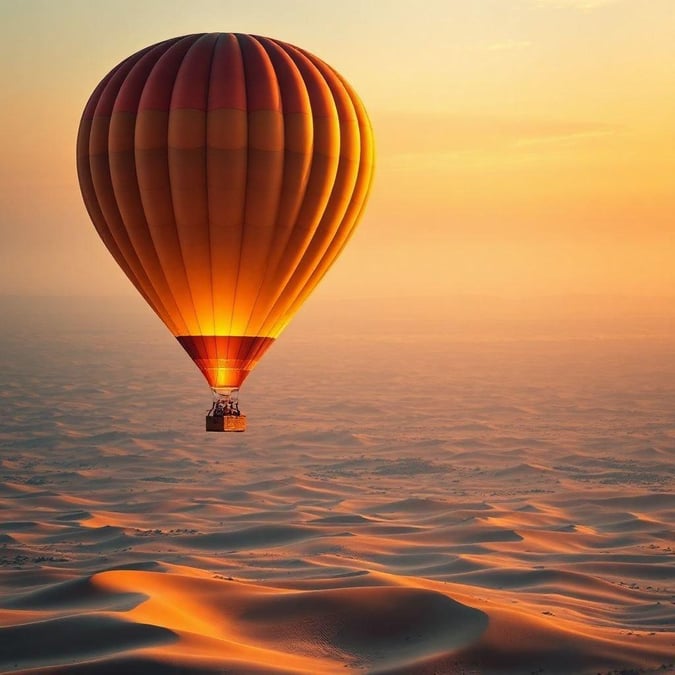 A breathtaking desert sunset with a hot air balloon soaring above the sand dunes, capturing the essence of adventure and natural beauty.