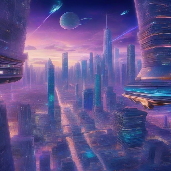 Dyk ner i den livfulla världen av anime med denna fantastiska stadsscape bakgrund, som visar höga skyskrapor och flygande bilar mot en fantastisk galaxbakgrund.