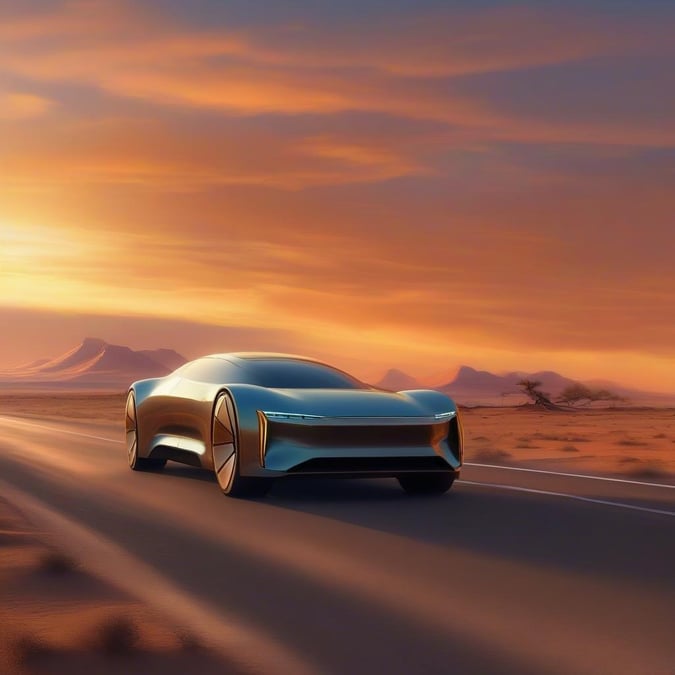 This scene captures the adventure of driving a futuristic electric supercar through a desert landscape at sunset. The sleek design and aerodynamic features hint at cutting-edge technology, while the vast dunes in the background give a sense of exploration and freedom.