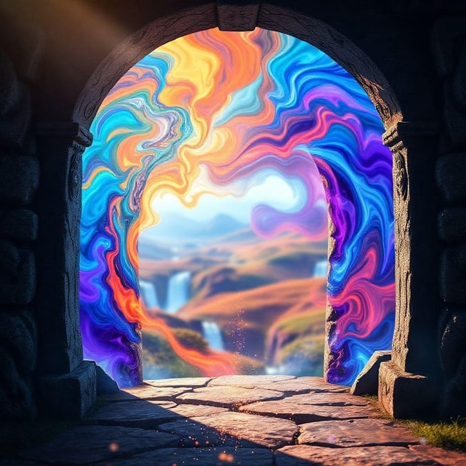 Step through this fantastical portal and enter a world of wonder and magic. The swirling colors and mystical landscape evoke a sense of enchantment and adventure.