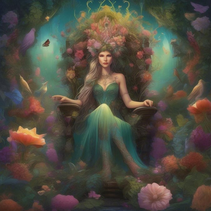 A fairy queen sits majestically on an ornate throne submerged in a vibrant underwater world, surrounded by mystical creatures and enchanting flora.