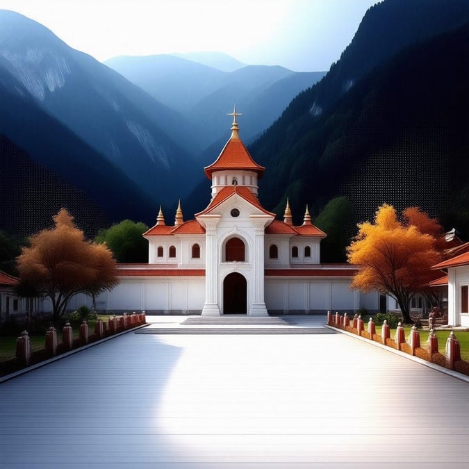 A serene view of a church nestled in a mountain valley, inviting reflection and tranquility.