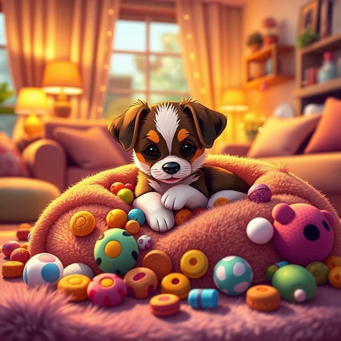 This adorable puppy wallpaper is perfect for animal lovers. The image features a cute puppy surrounded by colorful toys, making it a delightful addition to any desktop or mobile device.