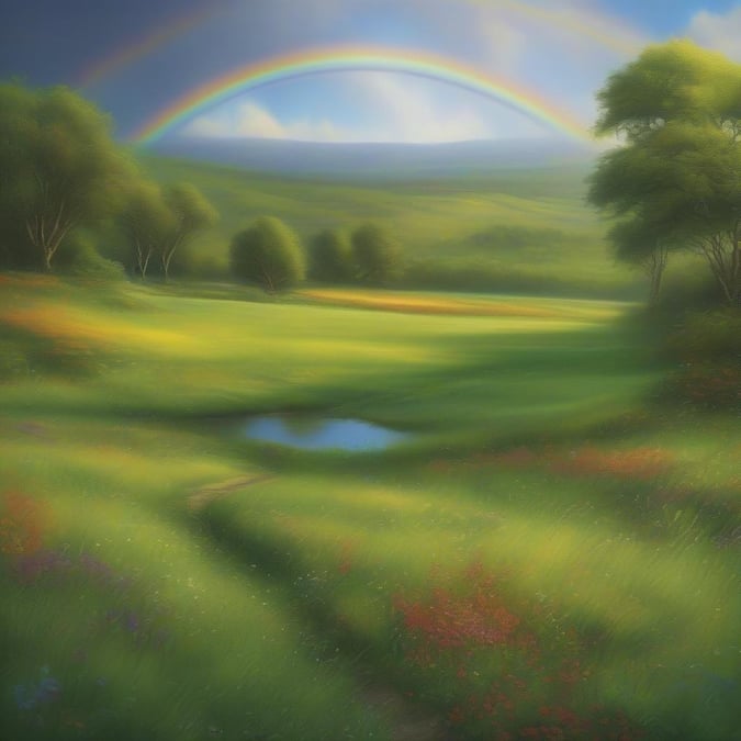 A stunning rainbow stretches across the sky, casting a vibrant glow over a serene meadow.