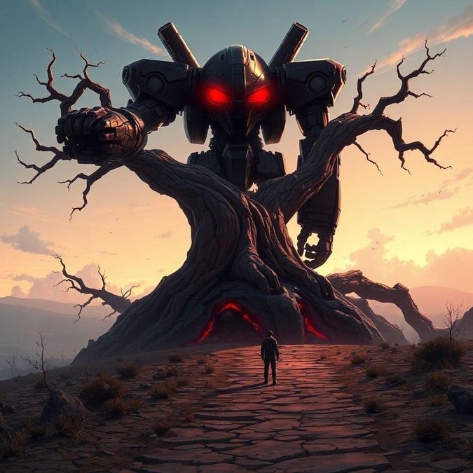 A striking digital illustration of a futuristic mecha robot standing on a desolate path, with a towering tree as its base.