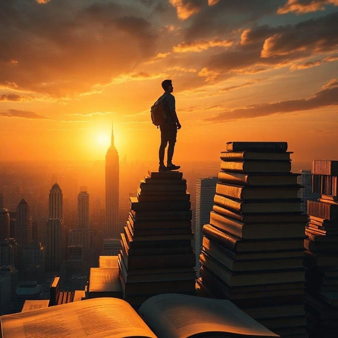 A young student stands triumphantly atop a pile of books, overlooking an urban city skyline as the sun sets. The image captures the spirit of determination and the joy of education.