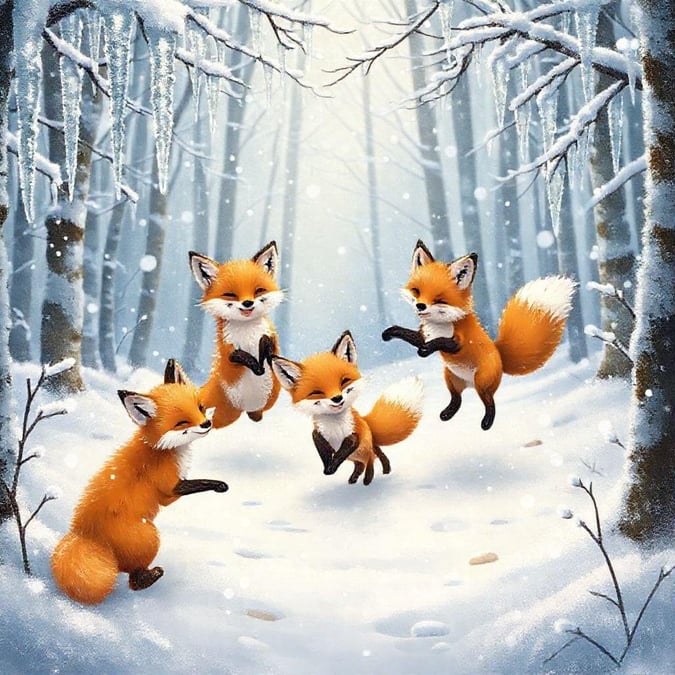 A playful scene featuring four foxes enjoying a snowy day. They're standing together on a path, looking like they're up to some mischief under the winter sky.