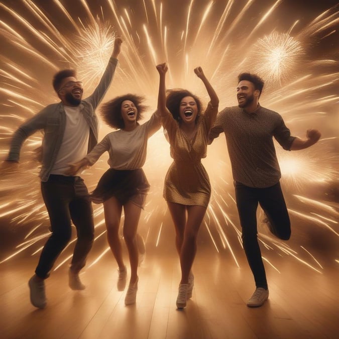 A group of friends celebrating the new year with fireworks, joy, and laughter.