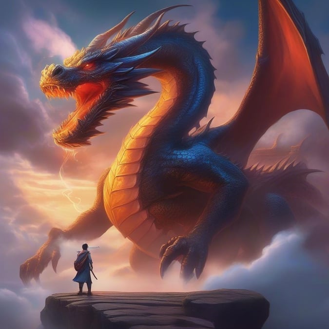 A small person stands on a cliff, looking out at a beautiful sunset, while a large dragon looms in the background.