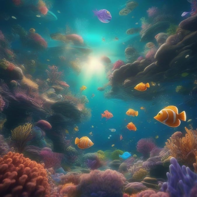 Dive into an enchanting world beneath the ocean waves, where a variety of vibrant fish and colorful coral reefs paint a picture of aquatic beauty.