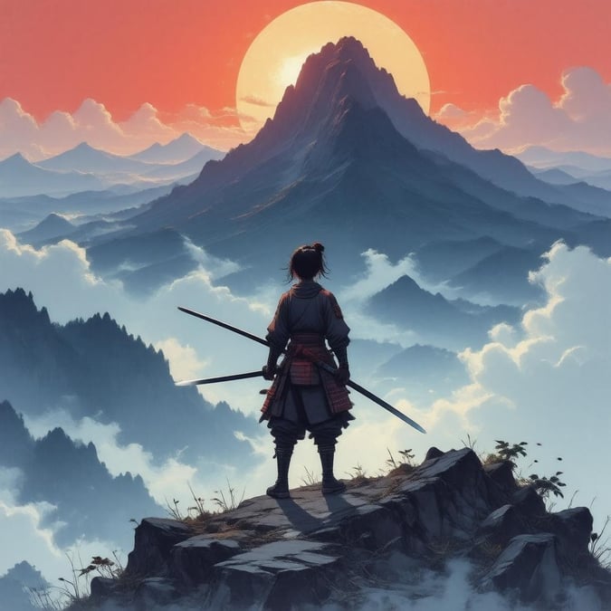 This stunning anime wallpaper features a young samurai standing on top of a mountain, her sword pointing to the right. The mysterious scene is shrouded in mist and fog, with a bright light illuminating the mountain and its shadowy surroundings.