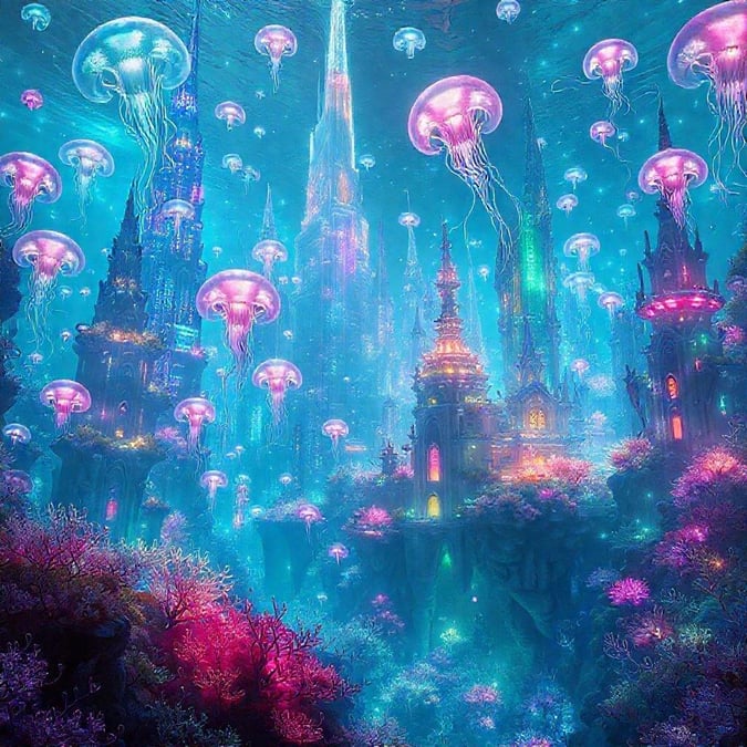 A fantastical underwater kingdom with cathedrals, towers and a majestic castle. A vibrant world teeming with bioluminescent jellyfish.