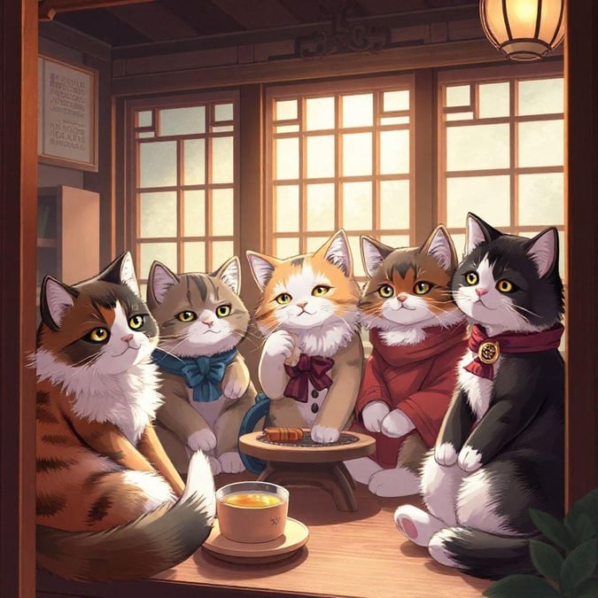 Eine charmante Szene in einem traditionellen Teehaus, in dem eine Gruppe von adorablen, anthropomorphen Katzen zum Tee versammelt ist. Die warme Atmosphäre und die angenehme Gesellschaft machen dies zu einem idealen Hintergrundbild für Katzenliebhaber.