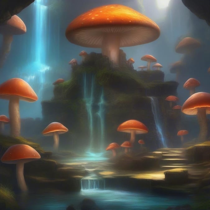 A vibrant forest scene, featuring an array of mushrooms glowing in the moonlight. The tranquil setting is framed by a waterfall and lush greenery.