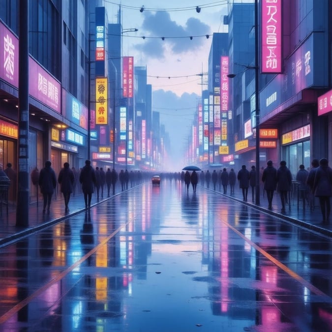 The bustling city streets of Tokyo come alive under the soft glow of neon lights during sunset. The wet pavement reflects the colors of the sky, creating a serene atmosphere amidst the anime-inspired vibrancy of urban life.