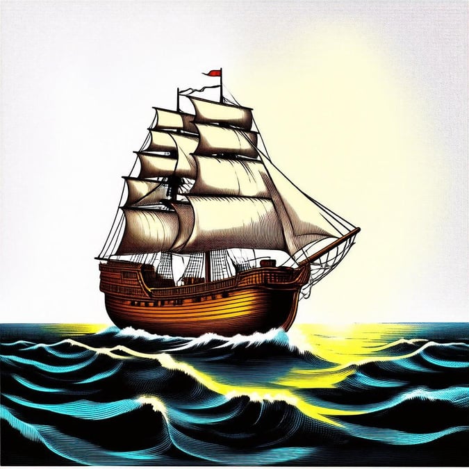 A traditional sailboat embarks on an ocean voyage under the clear sky, capturing a sense of adventure and exploration.