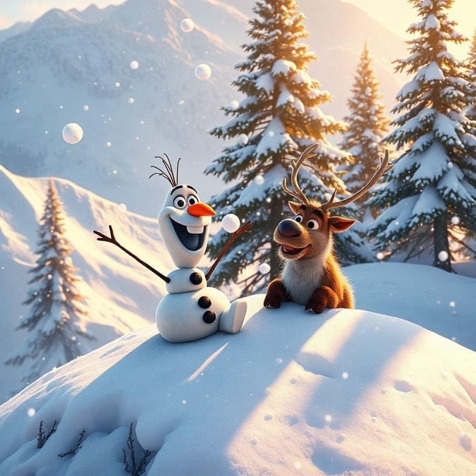 Olaf and Sven are enjoying the snow in this beautiful winter scene. The image captures the joy and friendship of the two beloved Disney characters as they play in the snow.