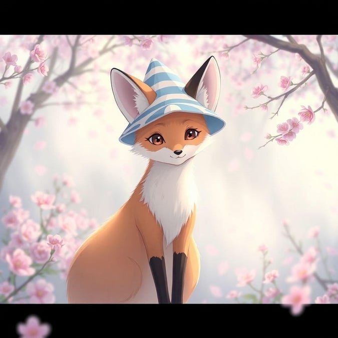 Este encantador fondo de pantalla presenta una detallada ilustración de anime de una zorra, que lleva un sombrero a rayas azul y blanco, de pie en medio de un jardín japonés brumoso. La delicada y etérea expresión de la zorra añade un toque caprichoso a la escena, mientras que el suave y difuminado fondo de flores rosas y moradas crea una atmósfera de ensueño.