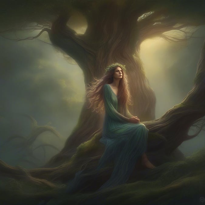 Step into a world of fantasy and magic with this captivating image of a woman sitting on a tree branch, surrounded by lush greenery and vibrant colors.