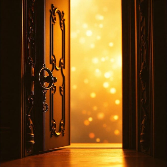 A glowing doorway in an ornate room invites you into a symphony of music, promising a journey through harmonious realms where every note resonates with magic.