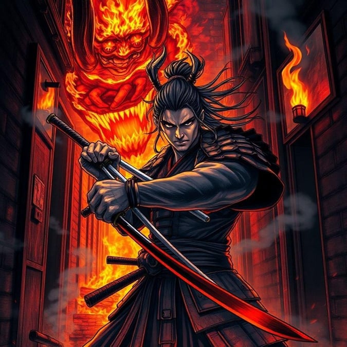 This captivating anime wallpaper features a samurai standing strong against a backdrop of fiery flames and a menacing oni. The dark alleyway setting adds an air of mystery, while the warm orange and yellow hues evoke a sense of intensity and power.