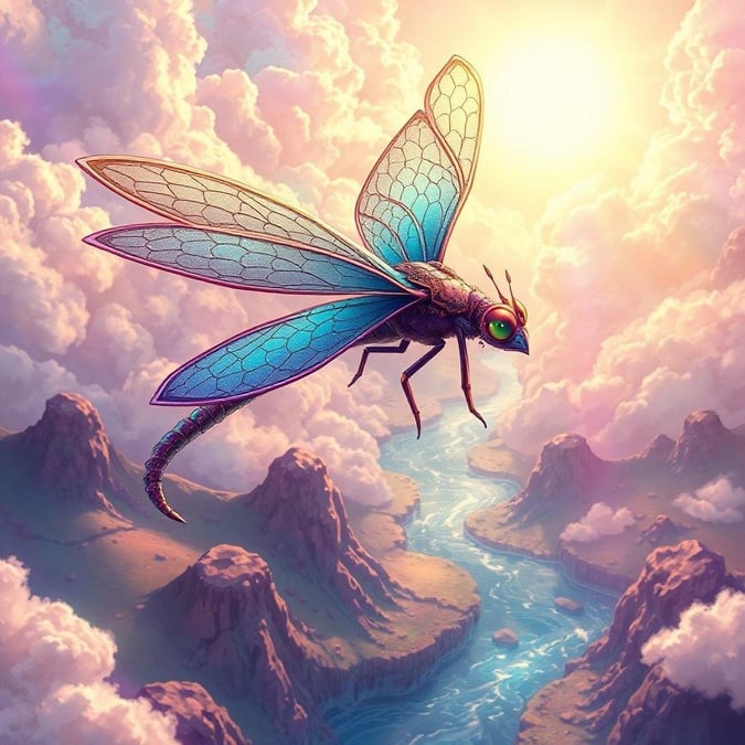 A majestic dragonfly riding a majestic dragonfly in a rainbow-colored landscape with a winding river, creating a sense of movement and power.