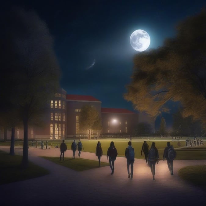 A serene campus scene after dark with students walking between buildings, under the full moon.