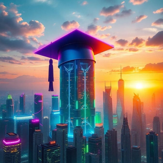 Celebrate your academic achievements with this vibrant graduation-themed wallpaper, showcasing a futuristic cityscape at sunset. Perfect for desktop and mobile devices, this image embodies the spirit of accomplishment and new beginnings.