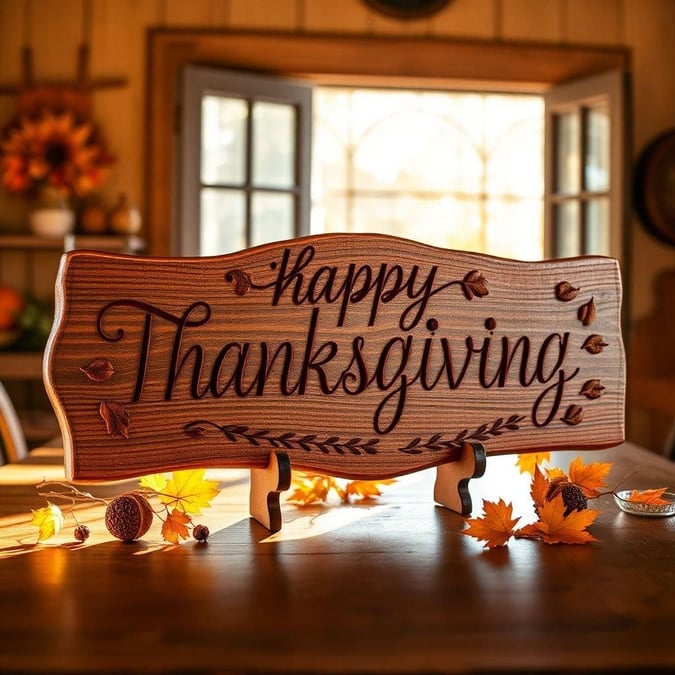 A cozy festive decoration, this wooden sign with a rustic charm celebrates the joyous tradition of giving thanks.