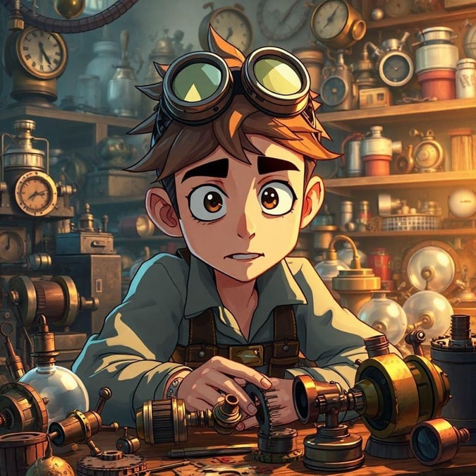 Get ready to be captivated by this stunning anime steampunk wallpaper, featuring a brilliant inventor surrounded by intricate gadgets and machinery. The detailed illustration showcases the inventor's face, with a blurred background that adds depth to the scene. Perfect for fans of science fiction and fantasy, this wallpaper is sure to transport you to a world of wonder and imagination.