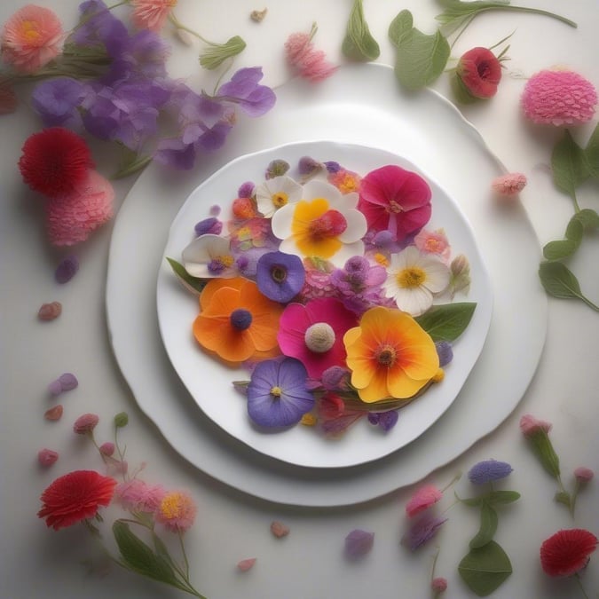 This vibrant floral plate is perfect for showcasing your culinary creations or bringing a touch of nature into your home decor. The lively bouquet of flowers includes orange, pink, purple, white, and yellow blooms, each with unique textures that add depth to the arrangement.