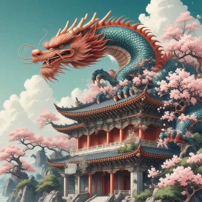 This wallpaper features a majestic dragon wrapped in cherry blossoms, perched atop a stunning temple. The intricate details of the temple's architecture and the dragon's attire are enhanced by a lush green canopy, creating an enchanting, fantasy-filled scene.