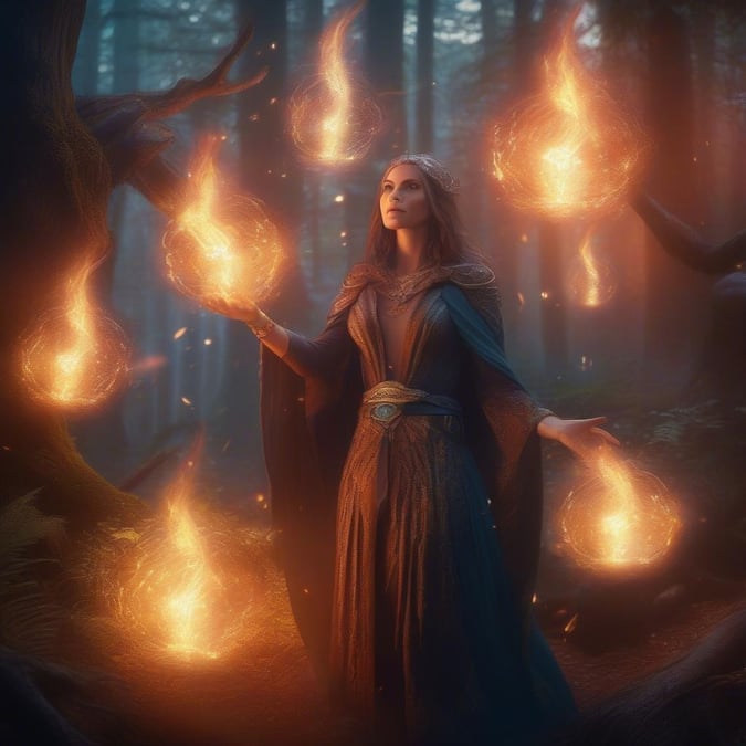 In the heart of a mystical forest, a sorceress casts an arcane spell, her hands aloft with the flame of five dancing fireballs.