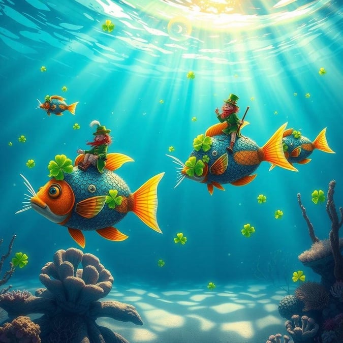 Get into the spirit of St. Patrick's Day with this vibrant wallpaper featuring leprechauns riding fish. The image is perfect for anyone looking to add a touch of Irish luck and charm to their desktop or mobile device.