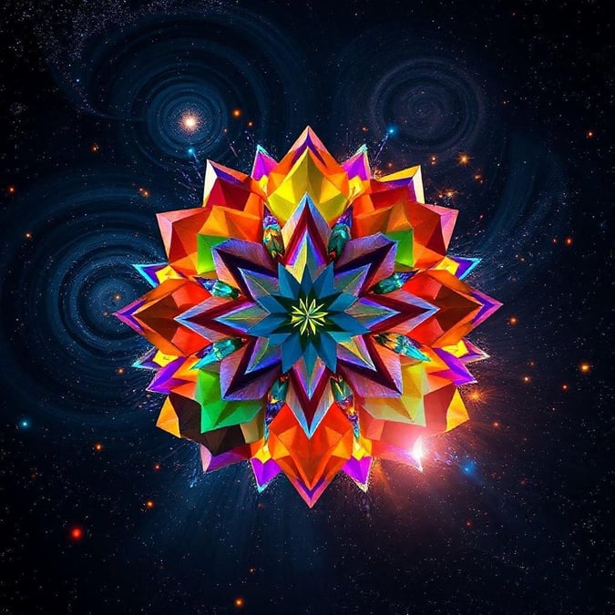 A mesmerizing view of an intricate, colorful kaleidoscope against the backdrop of a cosmic nebula.