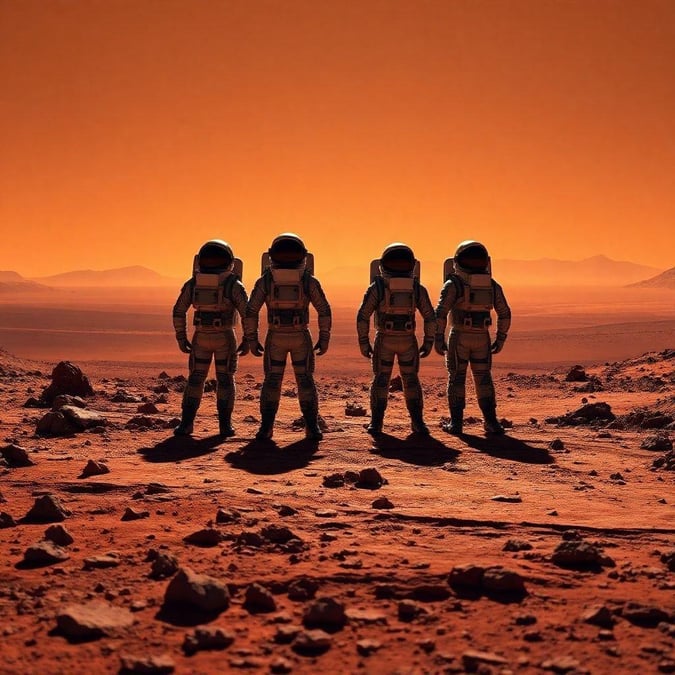 Three astronauts stand on the Martian surface at sunset, preparing for an extraterrestrial adventure. 3D artwork.