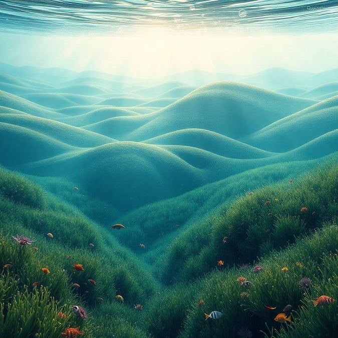 This serene image captures the beauty of the ocean's hidden landscape, where sunlight filters through the depths to illuminate the flourishing marine life. The gentle slopes of underwater mountains are blanketed in lush sea plants and adorned with a riot of colorful corals and fish, creating an enchanting spectacle that invites viewers into this mesmerizing aquatic world.