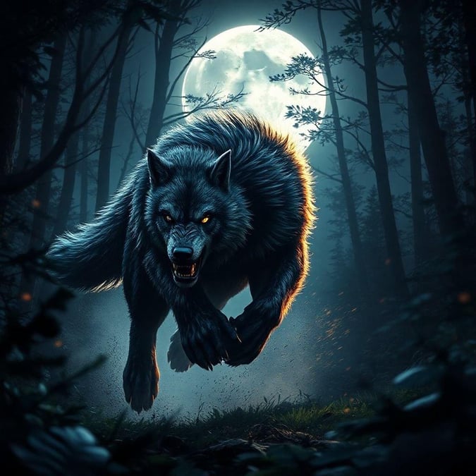 A powerful wolf howling under the full moon in a mystical forest.