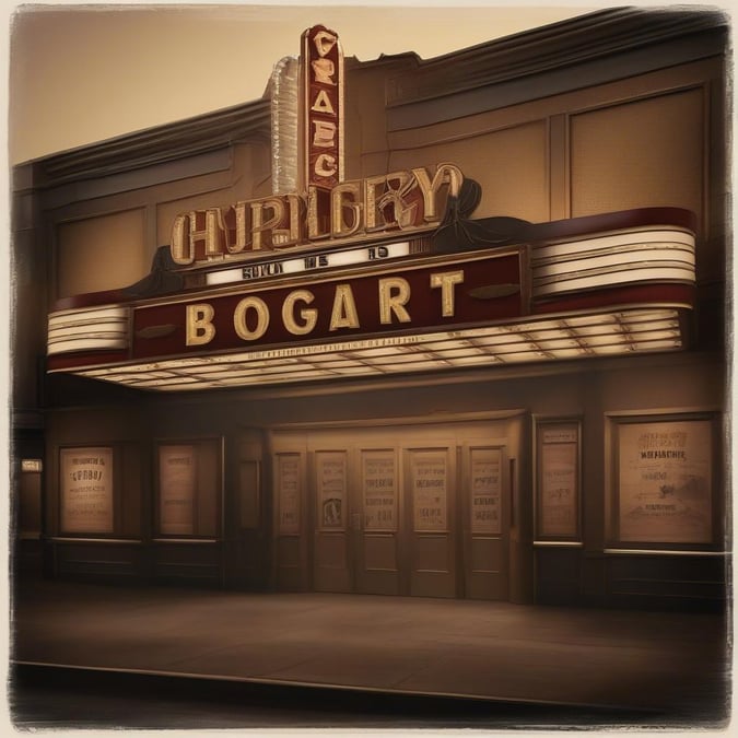 This vintage theater wallpaper is a classic and timeless design that adds a touch of nostalgia to any desktop or mobile device. The image features a vintage theater with a sign that reads 'Bogart' and 'Craec Hurigry' in a distressed font, giving it a retro feel.